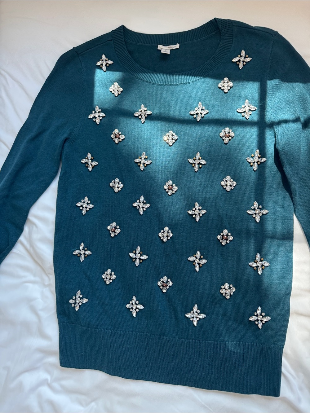 Halogen Teal Crystal-Embellished Crewneck Sweater